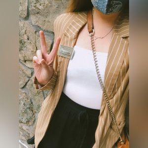 Linen casual blazer in tan with white pin stripes